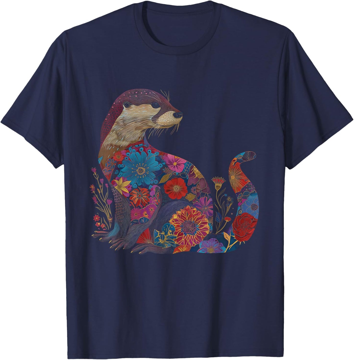 Otter Floral Artwork Vintage Flowers Cute Sea Otter T-Shirt - T-Shirt | Navy