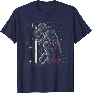 Paladin Kneeling Design | Fantasy Art Noble Warrior T-Shirt - T-Shirt | Navy
