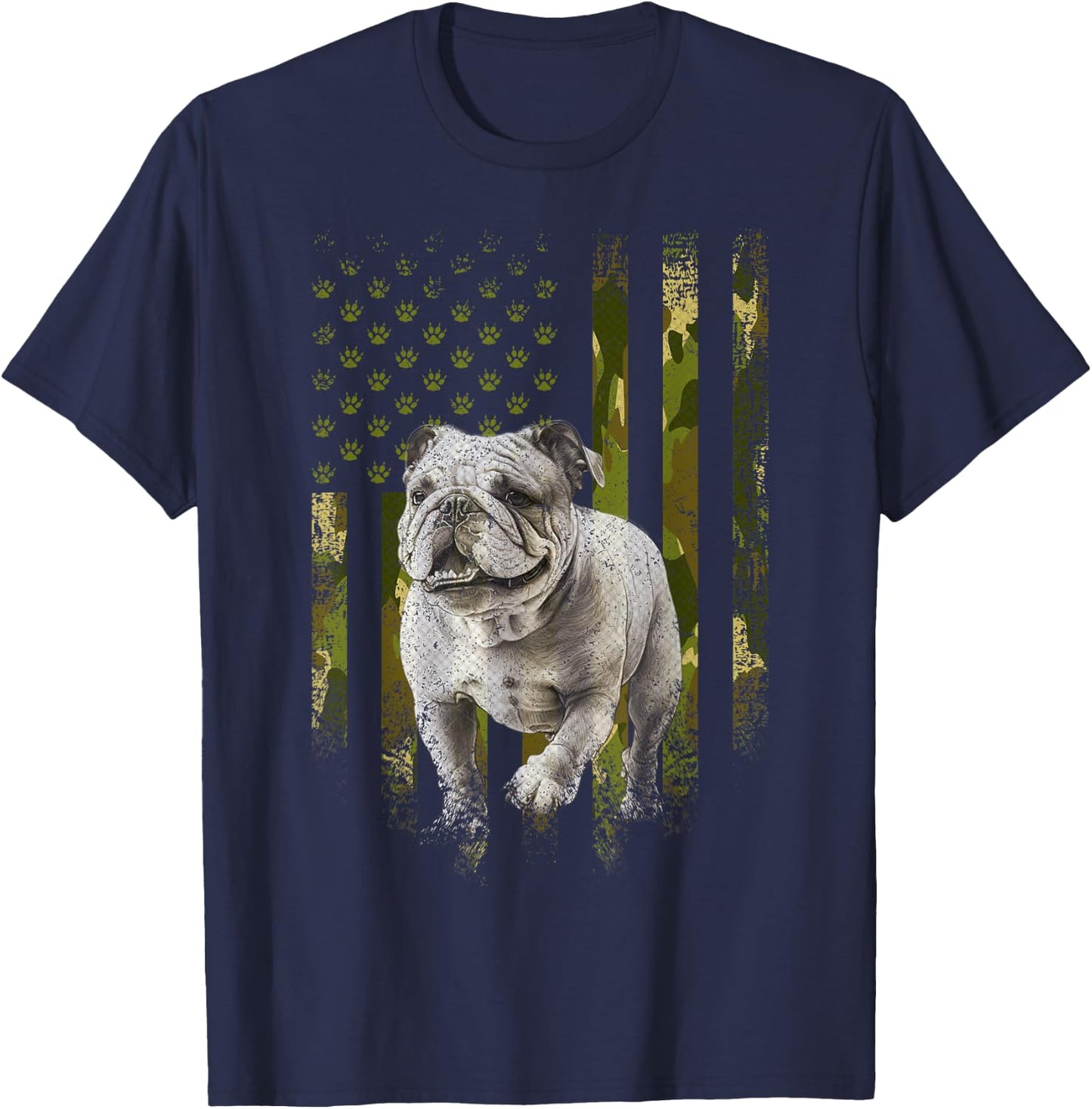 Vintage Camouflage USA Camo Flag Bulldog 4th Of July Women Kids Men T-Shirt - T-Shirt | Navy