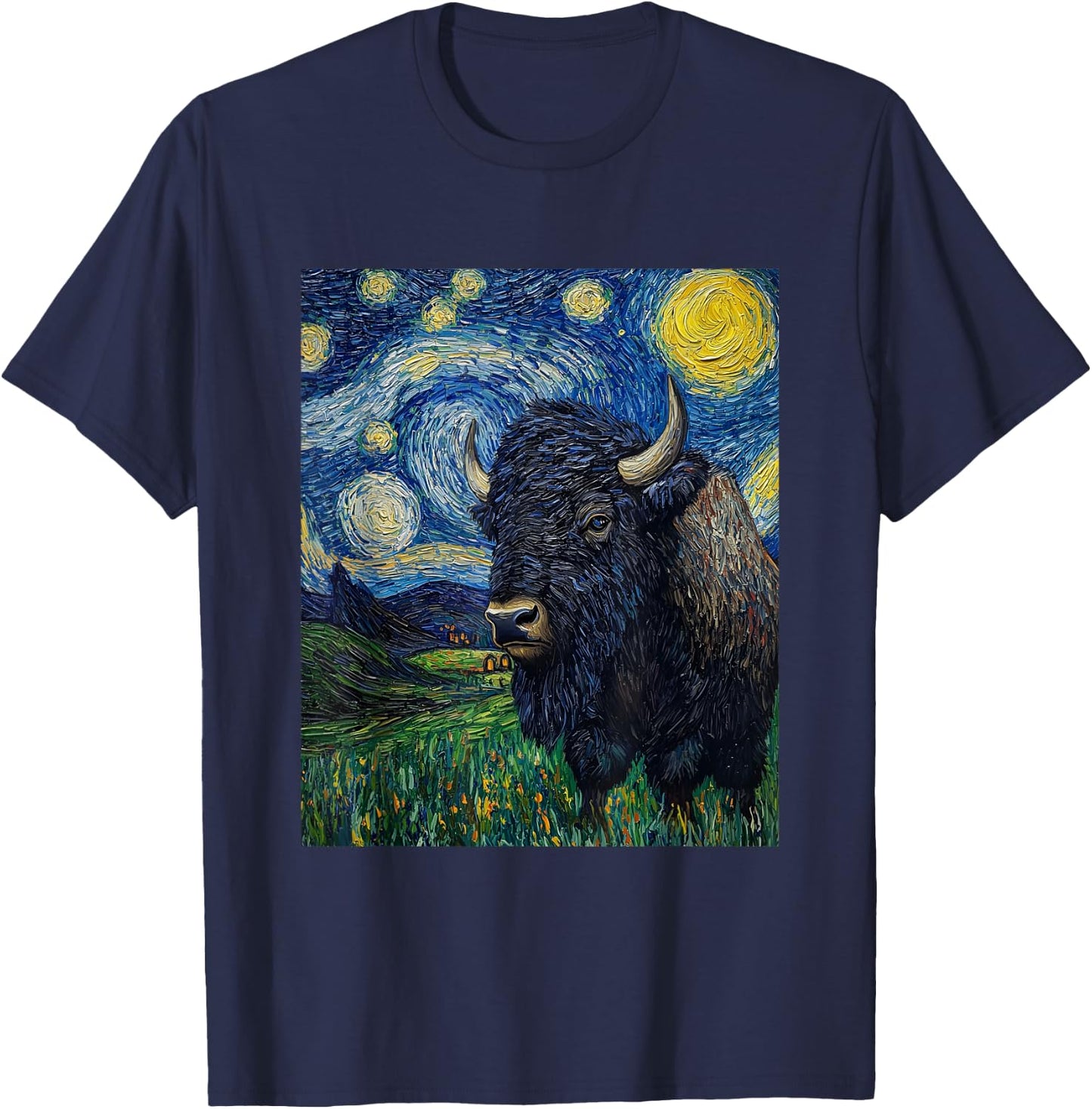 Bison Buffalo Van Gogh Style Starry Night Graphic T-Shirt - T-Shirt | Navy