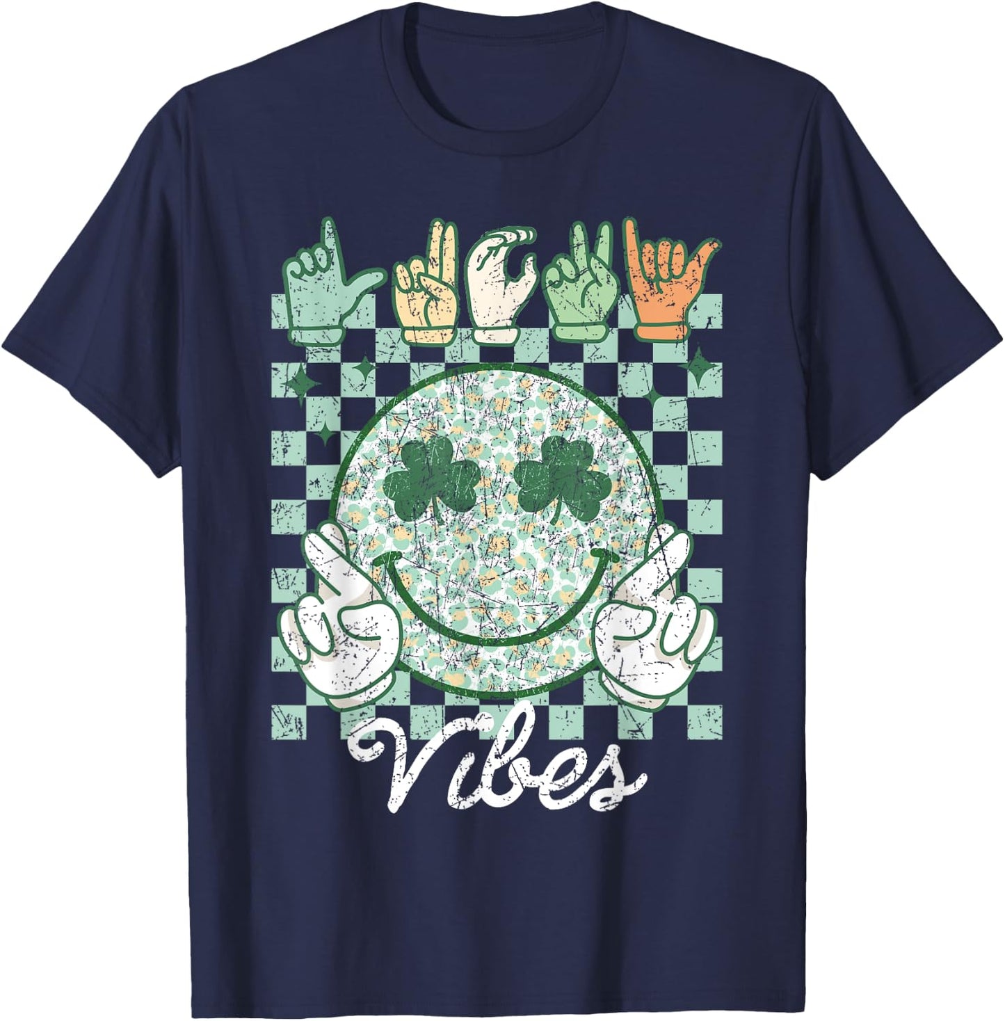 Lucky Vibes St Patrick's Day ASL Sign Language Deaf Groovy T-Shirt - T-Shirt | Navy