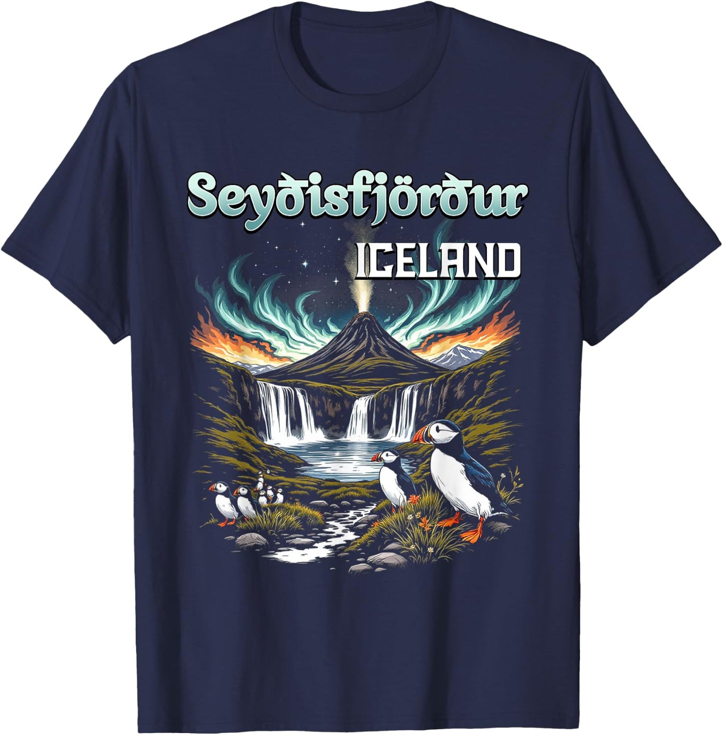 Seyðisfjörður Iceland Souvenir Icelandic Volcano Puffins T-Shirt - T-Shirt | Navy