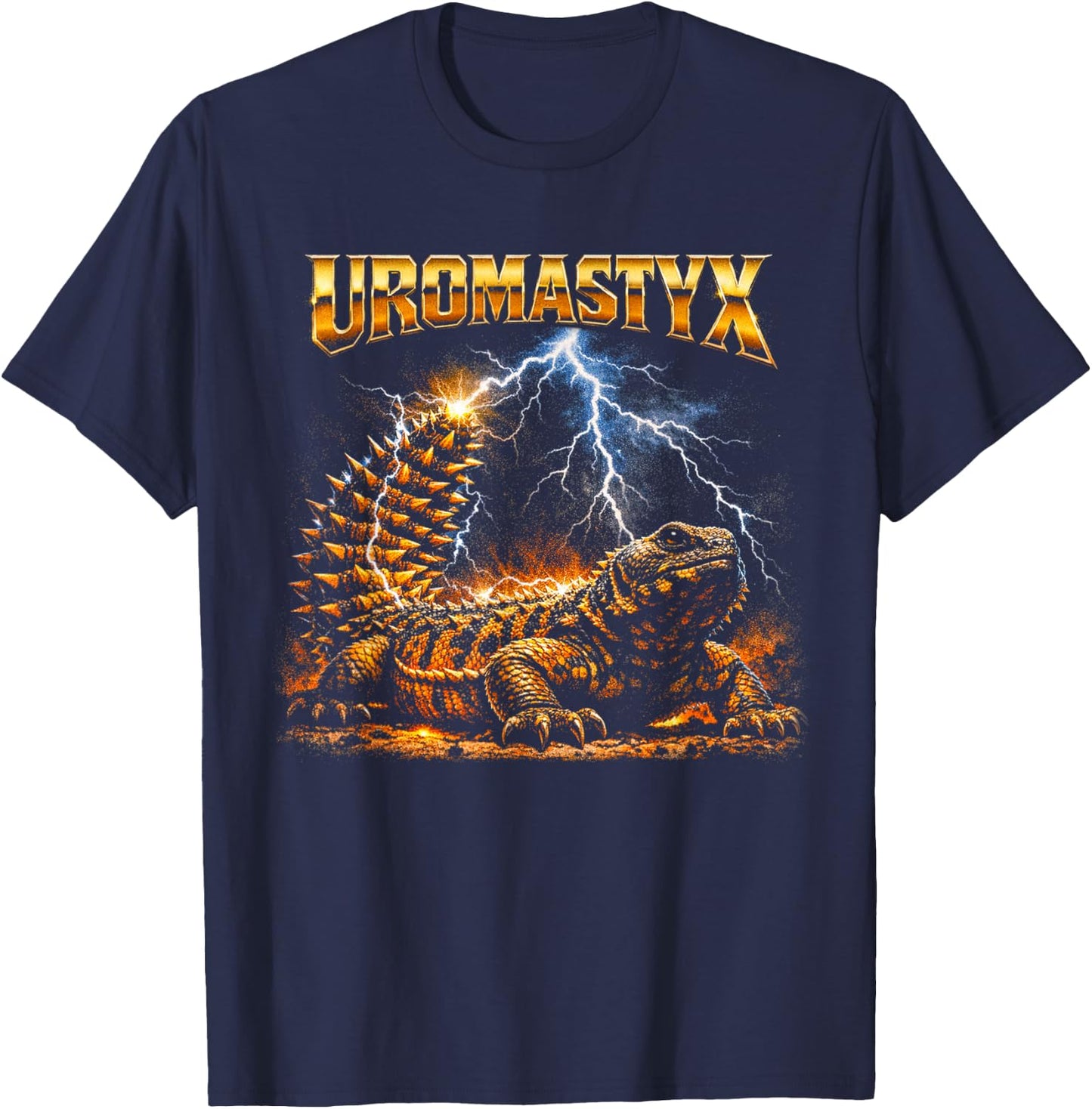 80s Heavy-Metal Uromastyx Lizard Retro Reptile Pet Owner T-Shirt - T-Shirt | Navy