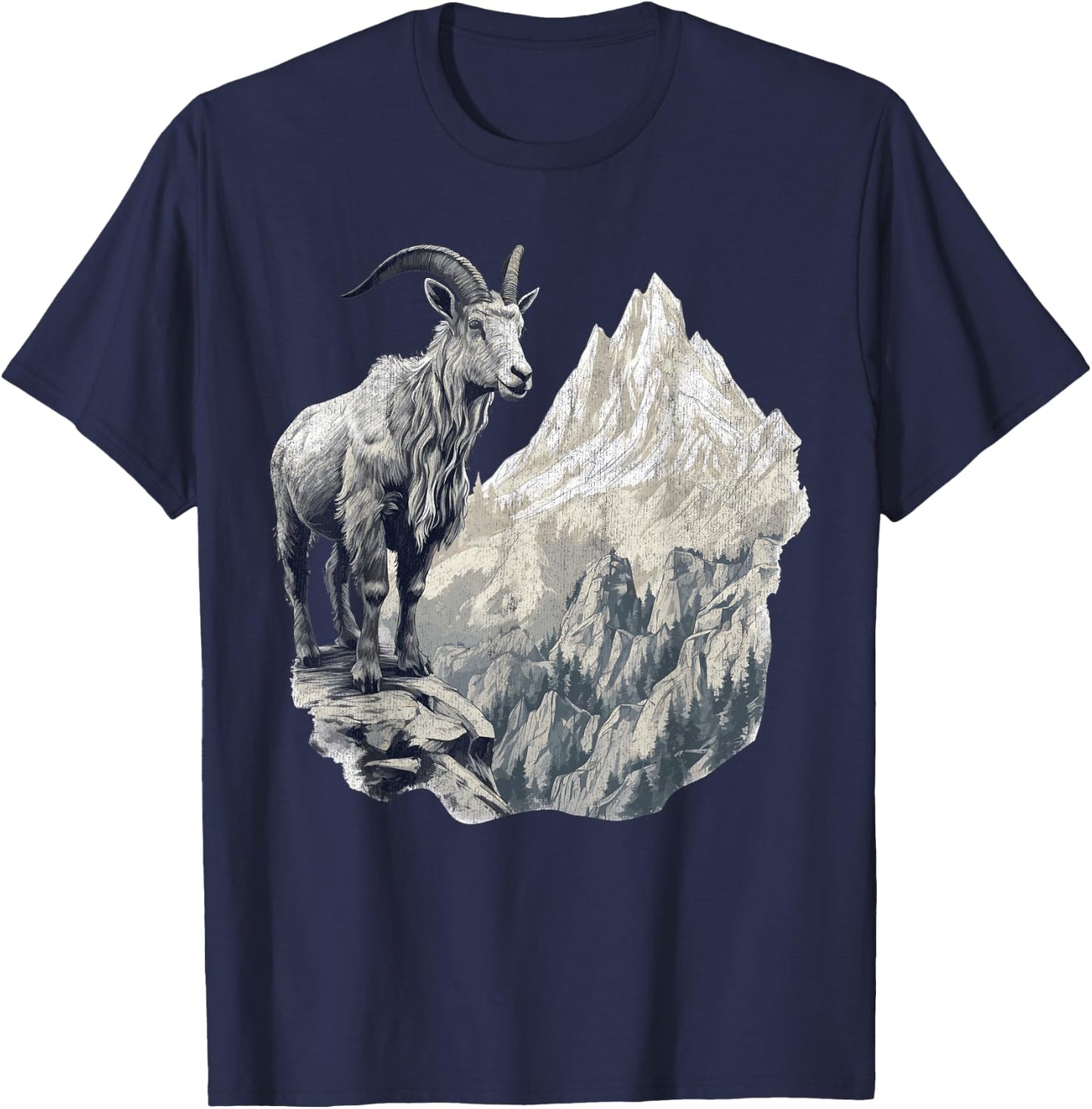Mountain Goat with Scenic Landscape, Vintage Mountain Goat T-Shirt - T-Shirt | Navy