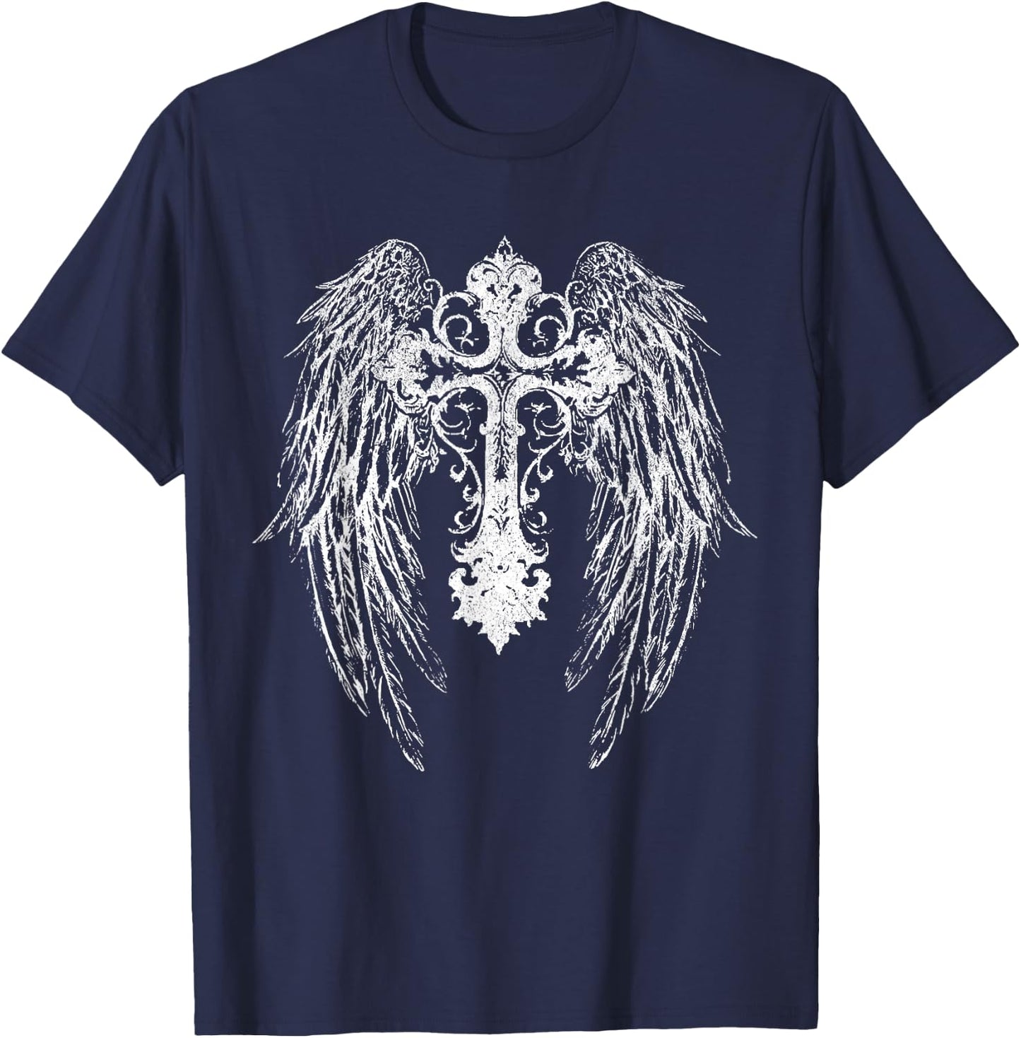 Cyber Siligism Y2K Angel Wings Cross T-Shirt - T-Shirt | Navy