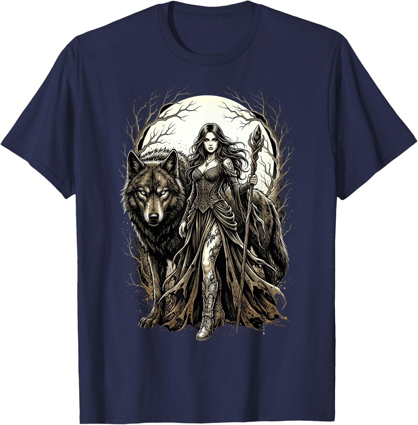 Fantasy Kriegerin Wolf Vollmond Gothic Motiv T-Shirt - T-Shirt | Navy