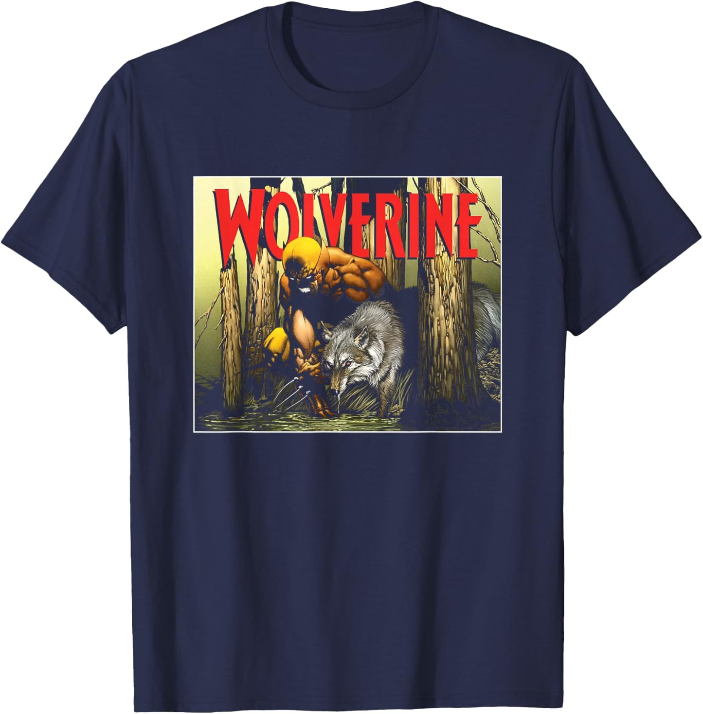 Marvel X-Men Wolverine Two Wolves Front Retro Big Poster T-Shirt - T-Shirt | Navy