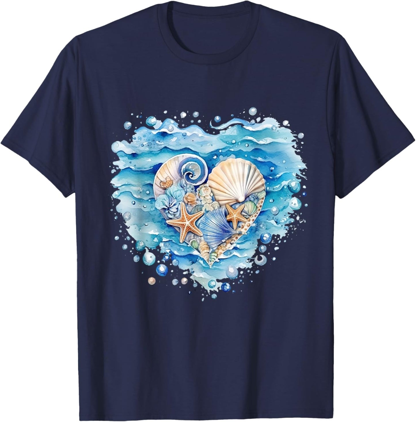 Summer Ocean Snail Shell Kawaii Starfish Beach Shell Hearing , black T-Shirt - T-Shirt | Navy