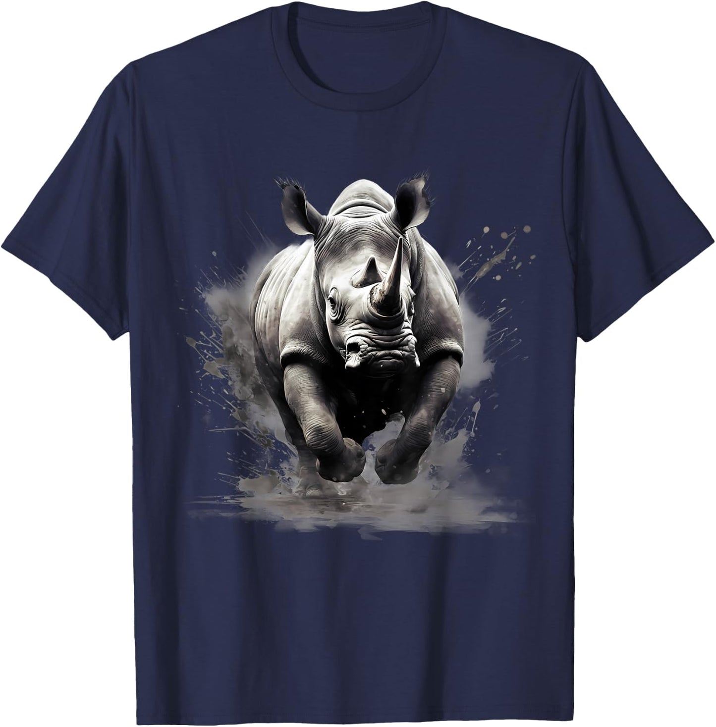 Rhino Animal Print Rhinoceros Wildlife Drawing Splash Motif T-Shirt - T-Shirt | Navy