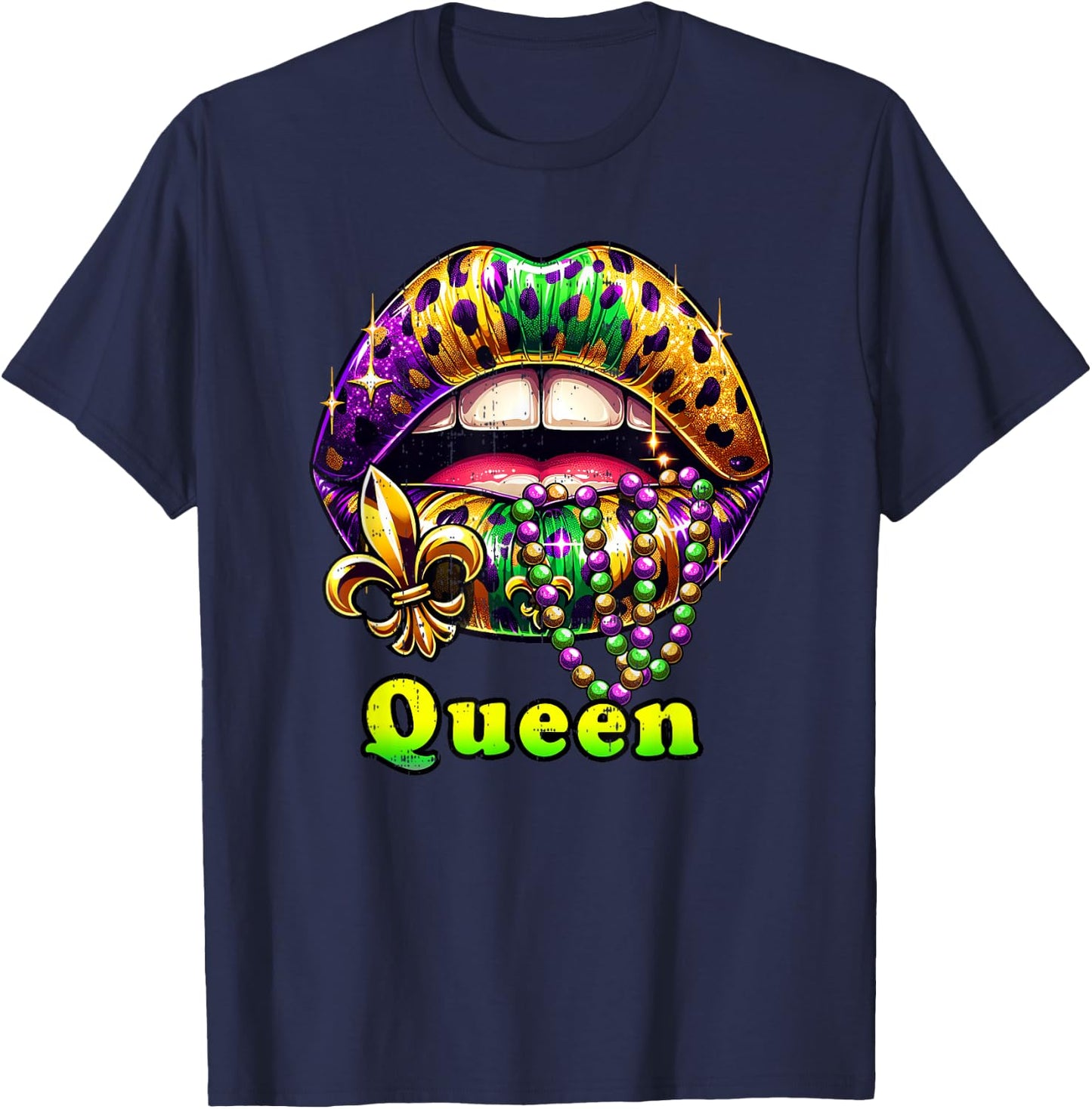 Mardi Gras Queen Lips Outfit Women Cheetah Leopard Print T-Shirt - T-Shirt | Navy