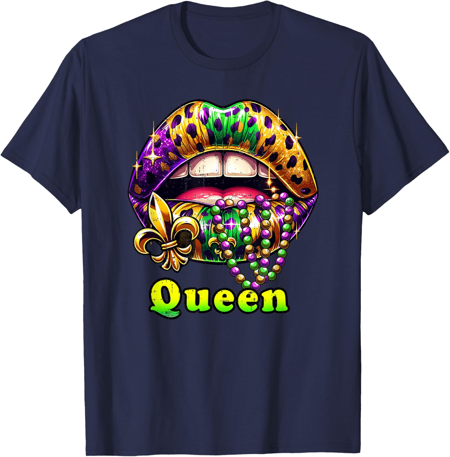 Mardi Gras Queen Lips Outfit Women Cheetah Leopard Print T-Shirt - T-Shirt | Navy