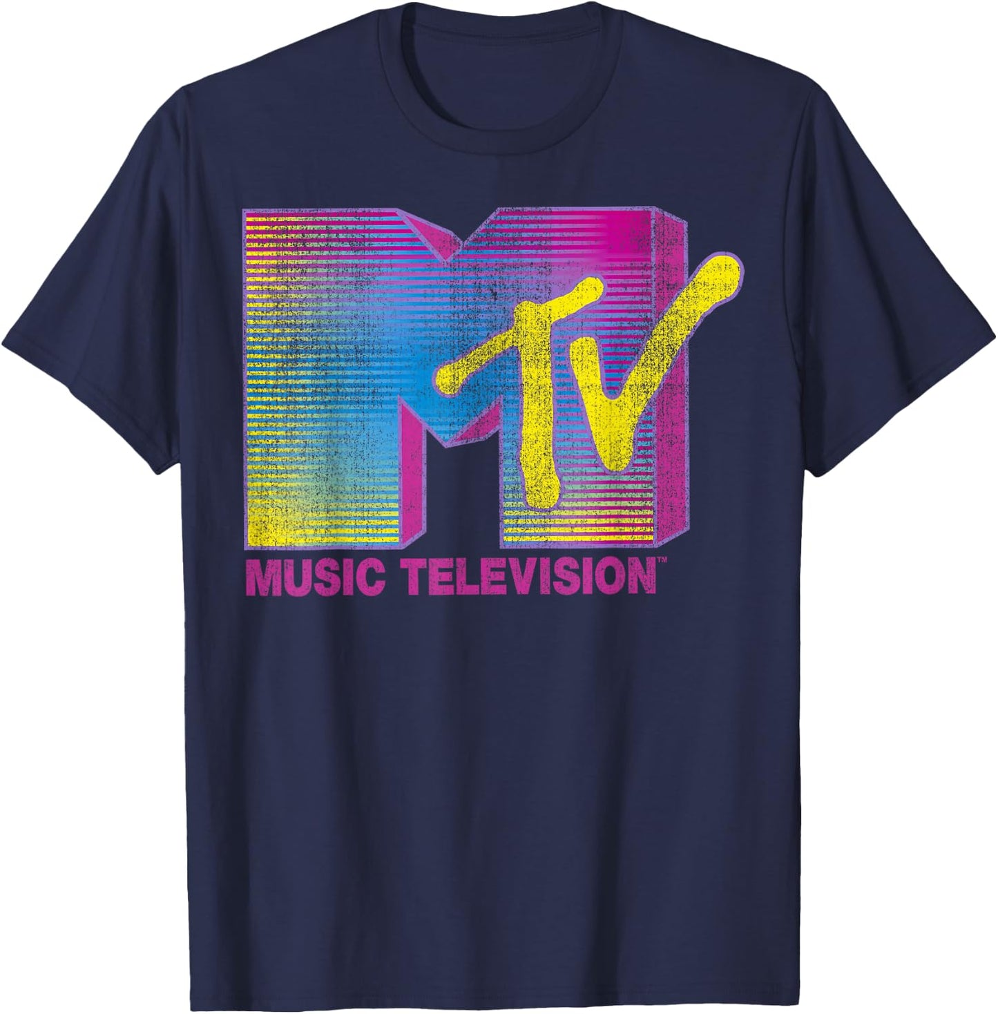 MTV Distressed Fluorescent Gradient Logo Classic Fit - Black, Adult T-Shirt - T-Shirt | Navy