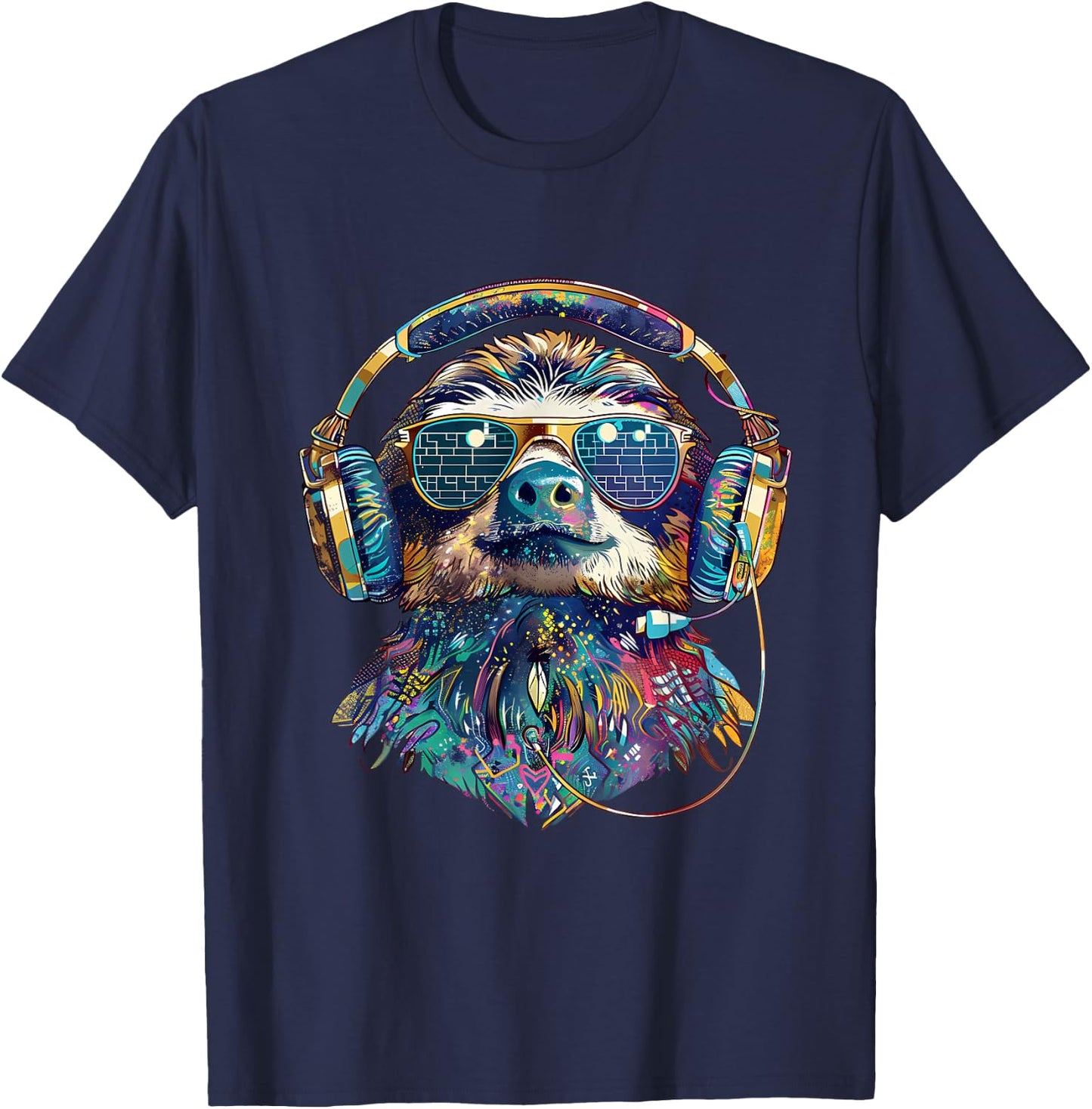 DJ Sloth Music Headphones Beatmaker Techno Animal Print T-Shirt - T-Shirt | Navy