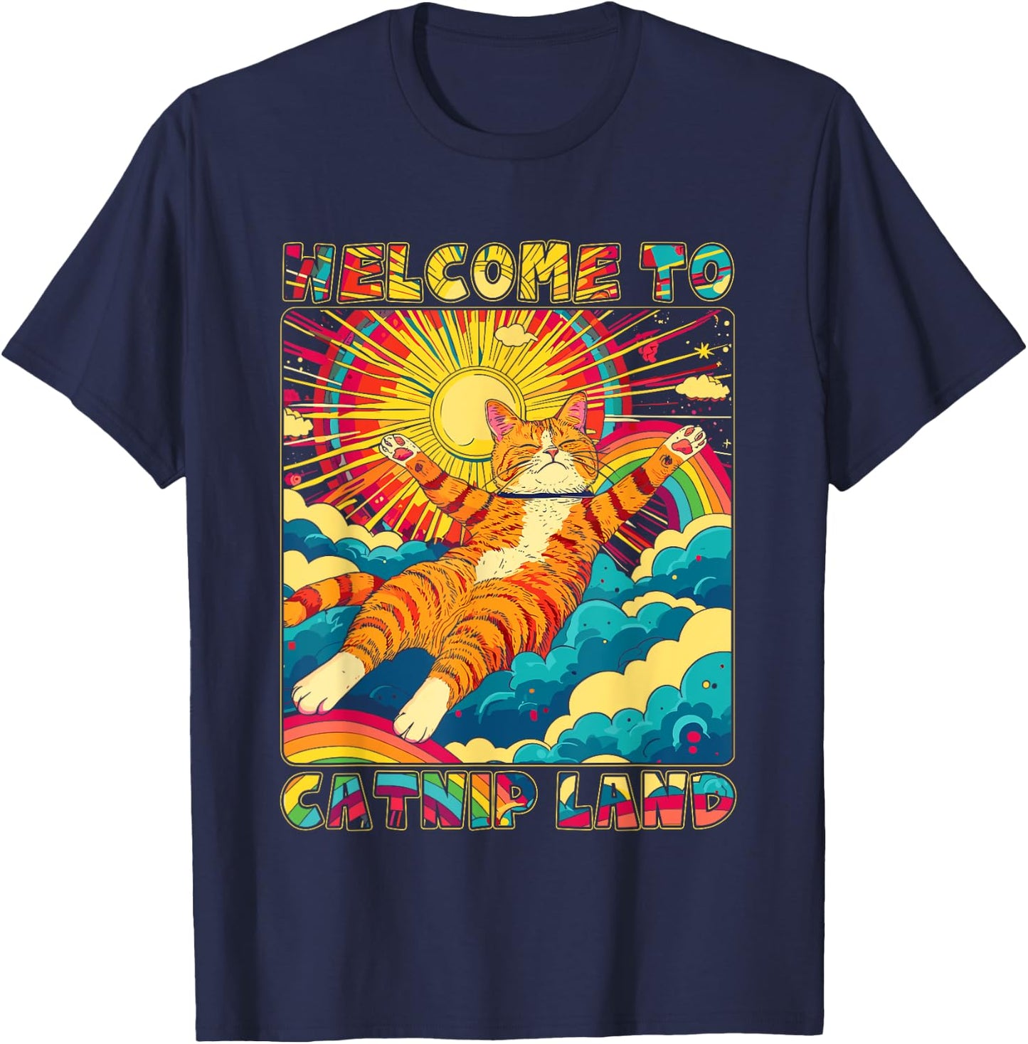 Cat Catnip Land 60s 70s Hippie Aesthetic Cat Lover Women Men T-Shirt - T-Shirt | Navy