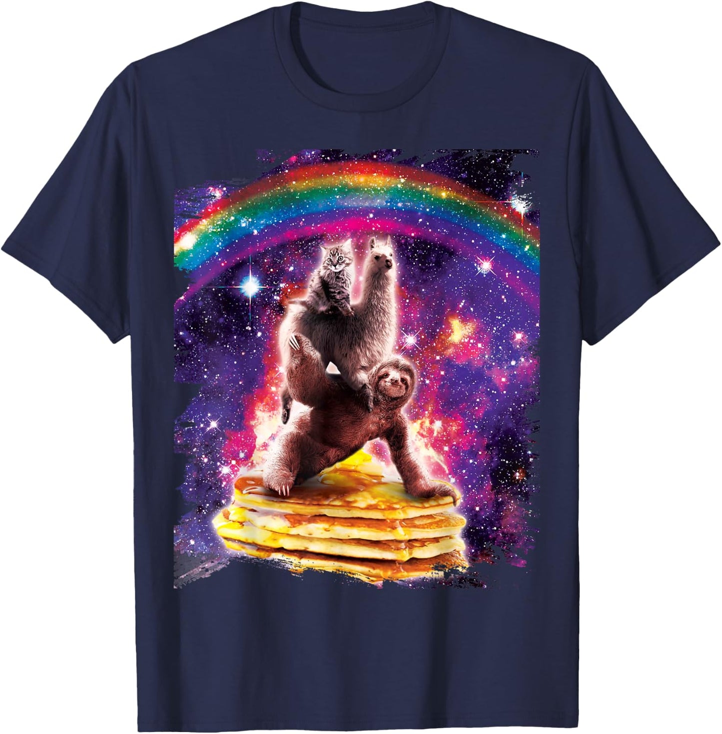 Space Cat Sloth Riding Pancakes T-Shirt - T-Shirt | Navy