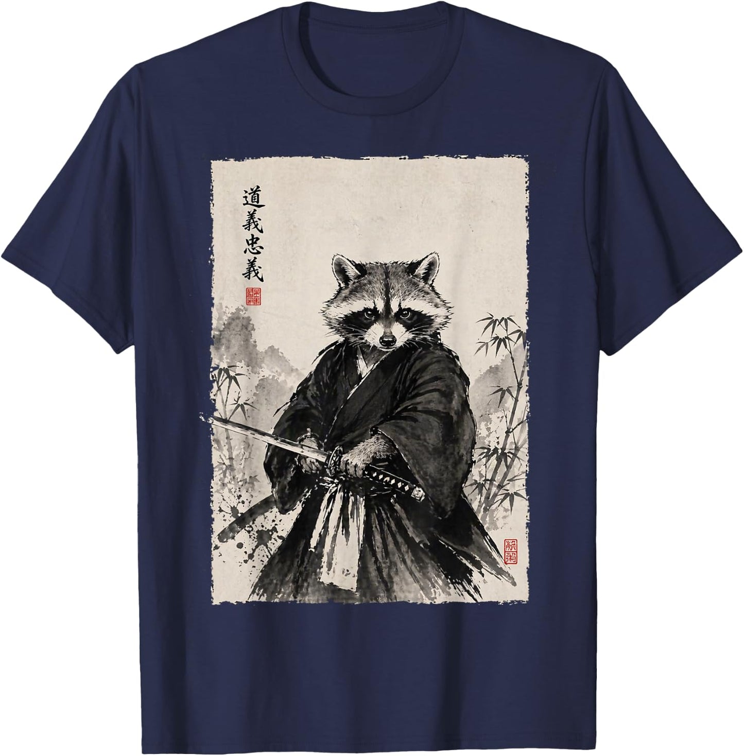 Samurai Raccoon Graphic Warrior Vintage Japanese Art Anime T-Shirt - T-Shirt | Navy