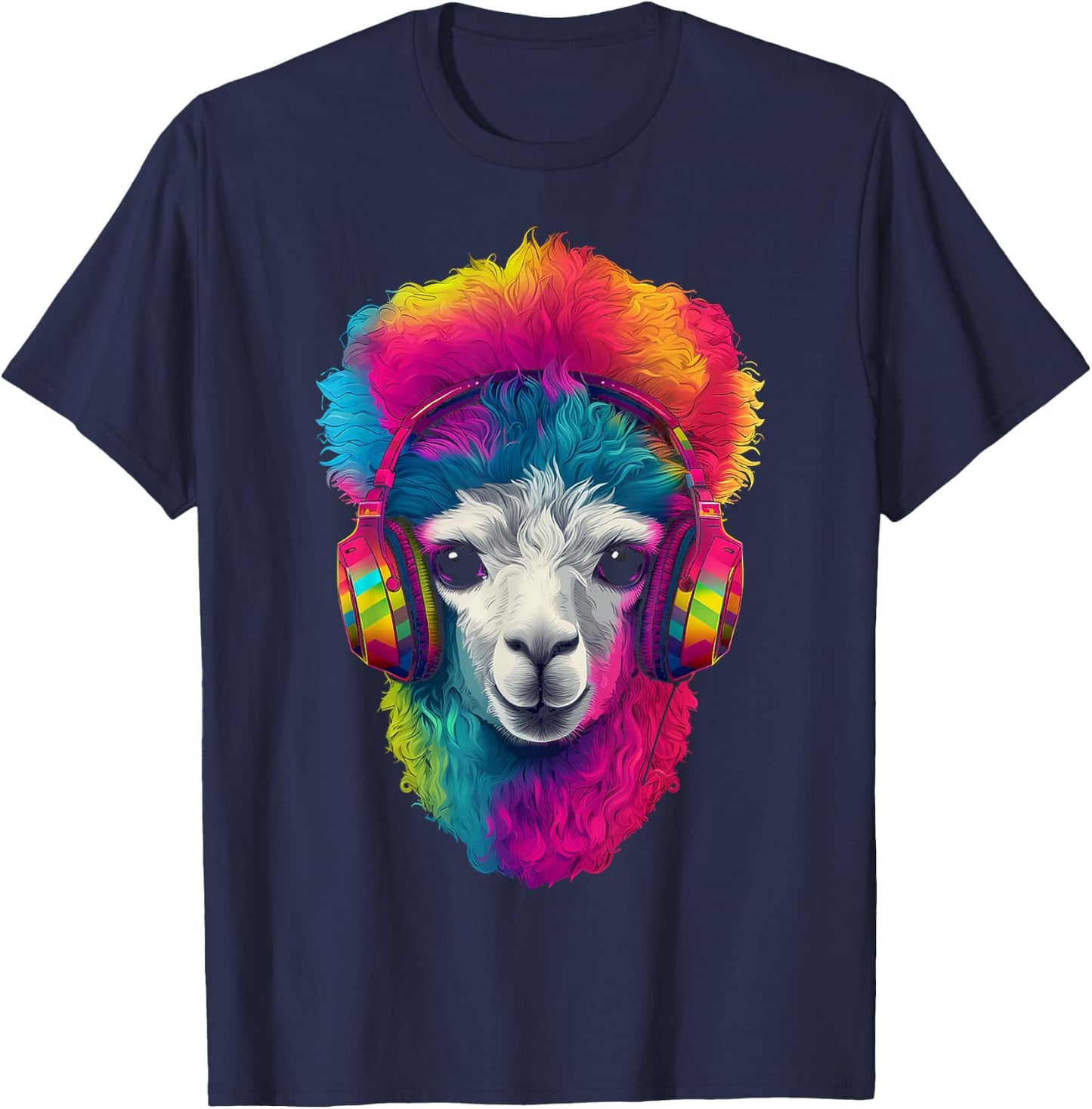 Alpaca Animal Headphones Art Motif Colorful Llama T-Shirt - T-Shirt | Navy