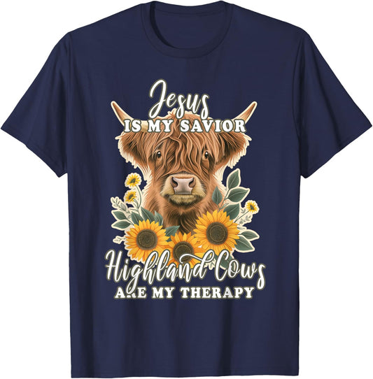 Highland Cow Jesus Christian Religious Highland Cow T-Shirt - T-Shirt | Navy