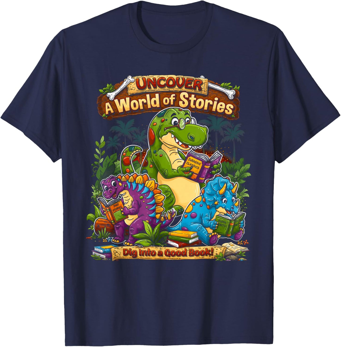 Uncover A World of Stories Dinosaur Reading Shirt for Kids T-Shirt - T-Shirt | Navy