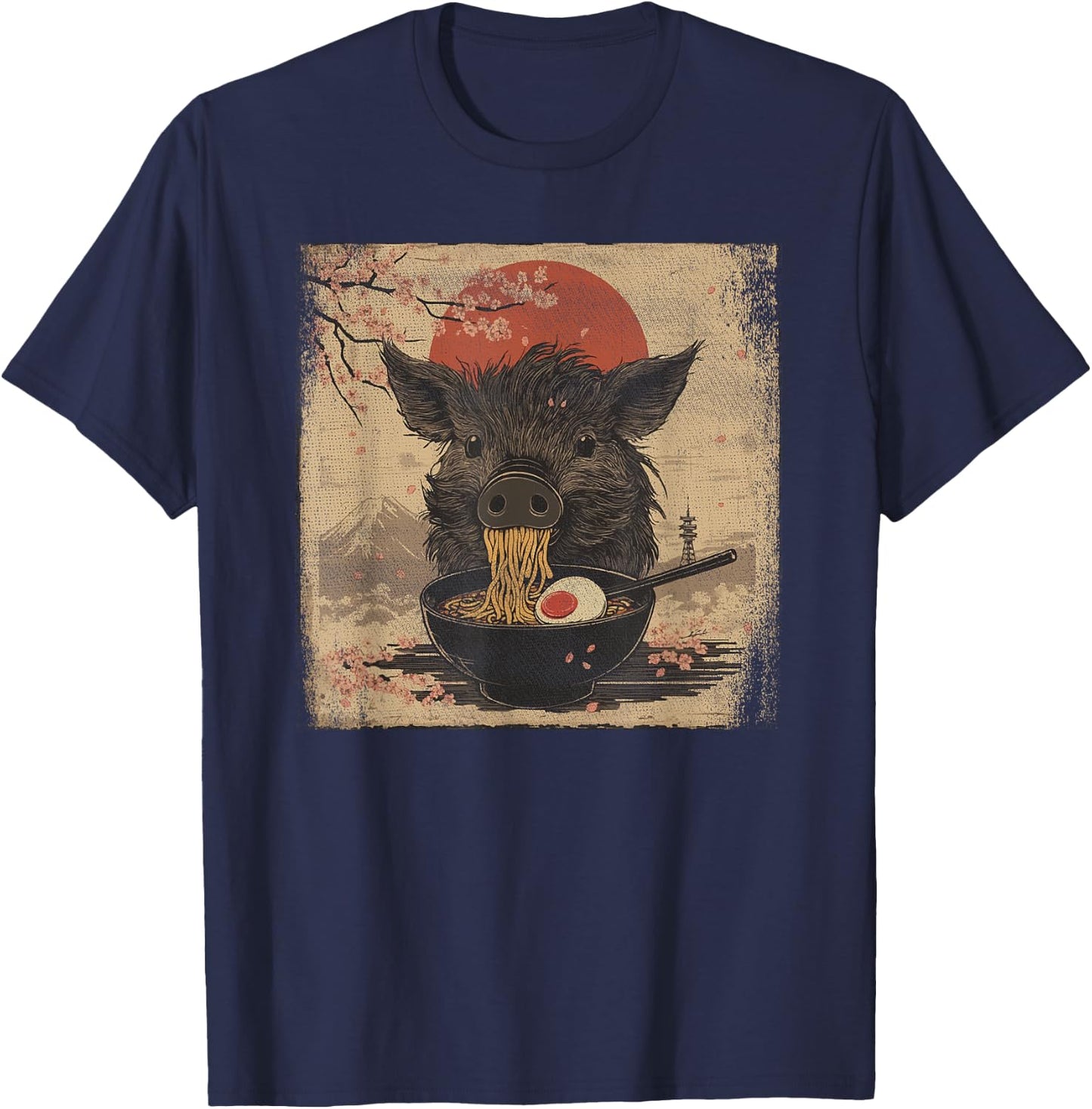 Japanese Woodblock Graphic Boar Eating Ramen Pig Lover T-Shirt - T-Shirt | Navy