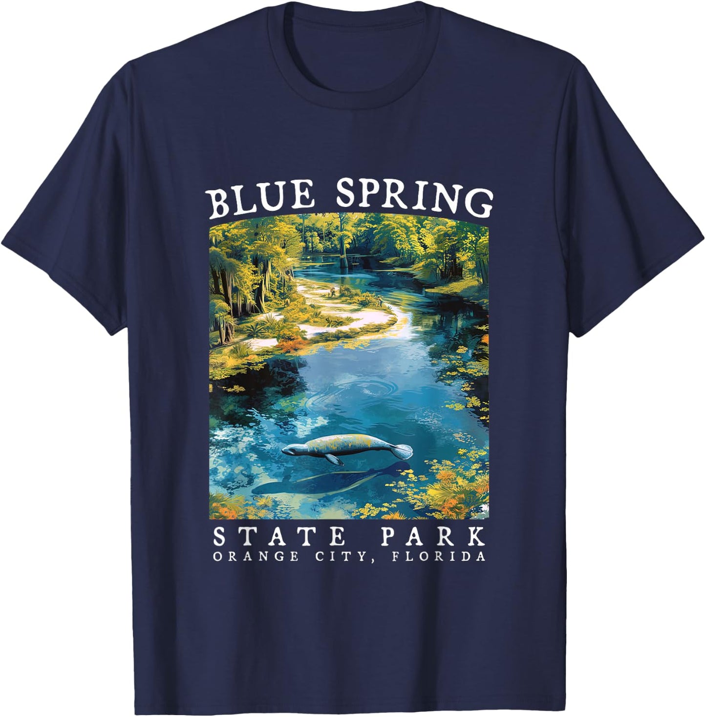 Blue Spring Manatee Nature Lover Florida Vintage Graphic T-Shirt - T-Shirt | Navy
