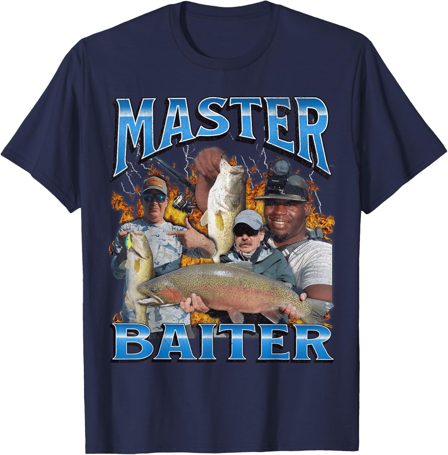 Master Baiter Funny Fishing Meme Pun Bootleg Graphic 90s , black T-Shirt - T-Shirt | Navy