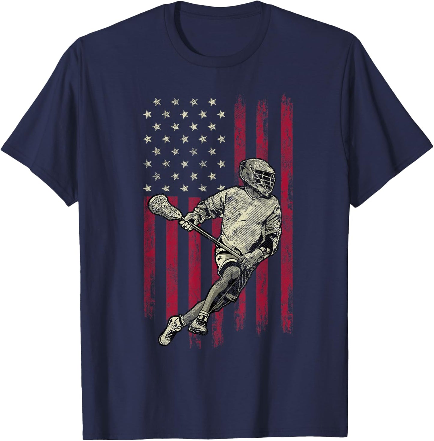 Lacrosse Vintage American Flag 4th Of July Gift T-Shirt - T-Shirt | Navy