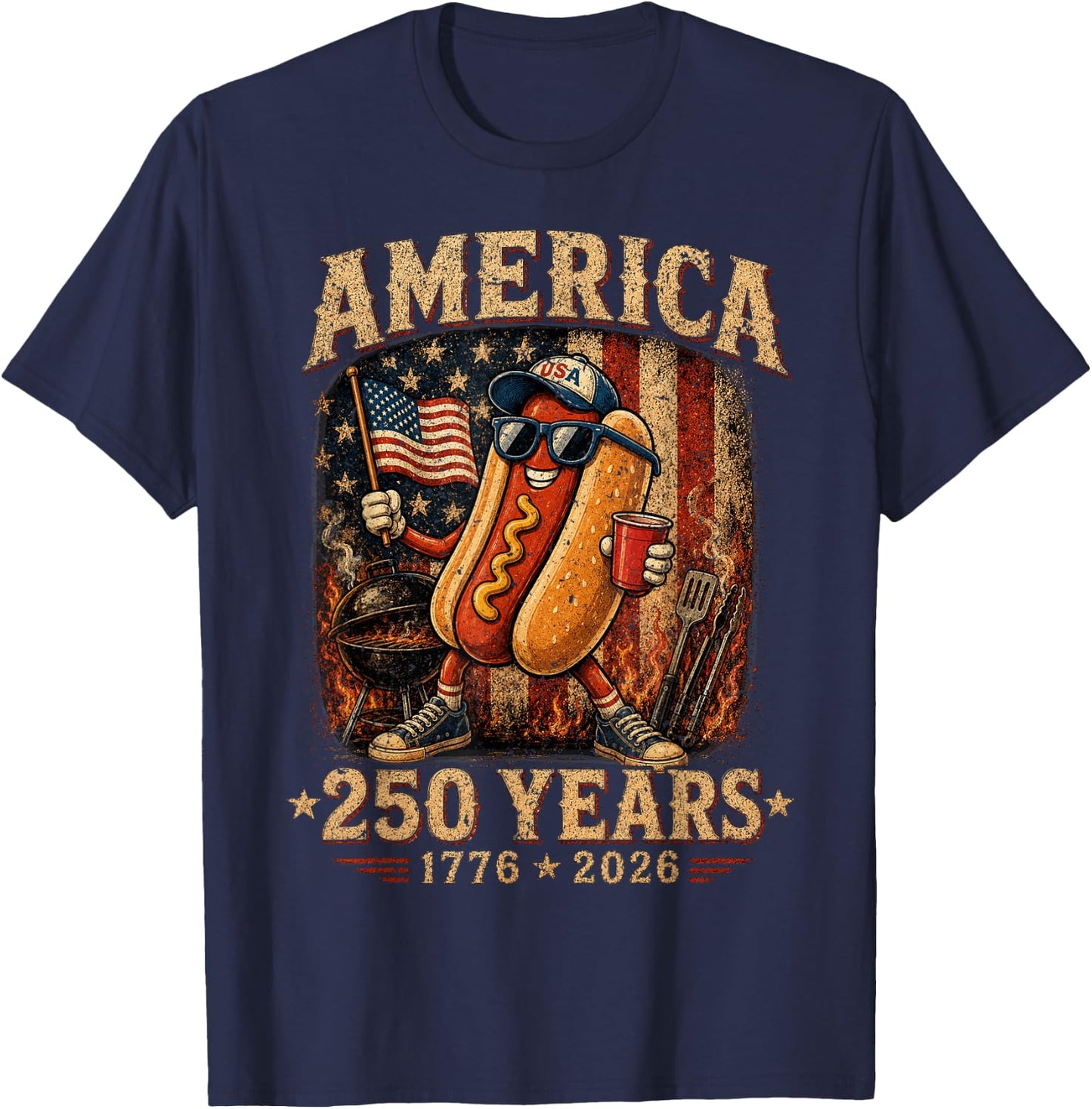 America 250 Years Funny Hotdog BBQ 1776 2026 Patriotic T-Shirt - T-Shirt | Navy