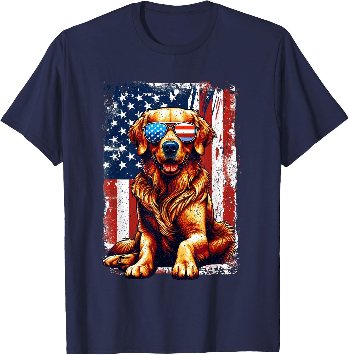 Vintage Golden Retriever Dog American US USA Flag Pets Lover T-Shirt - T-Shirt | Navy