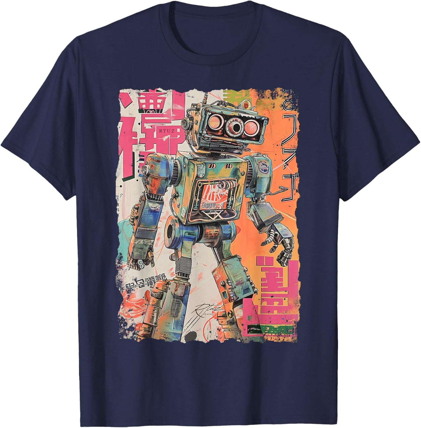 Hip Hop Y2K Vintage Hipster Edgy Urban Streetwear Roboter T-Shirt - T-Shirt | Navy