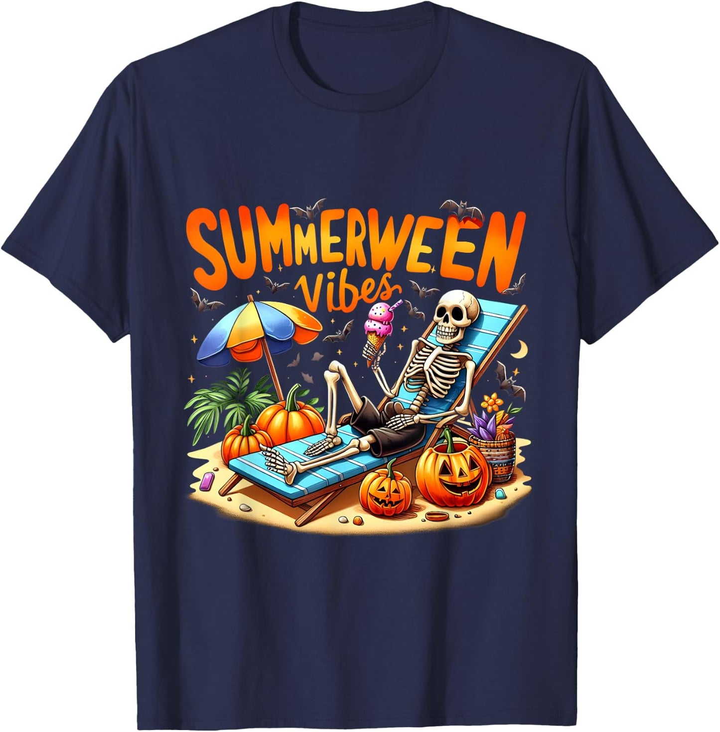 Summerween Halloween Skeleton Ice Cream Summer Vacation Women T-Shirt - T-Shirt | Navy