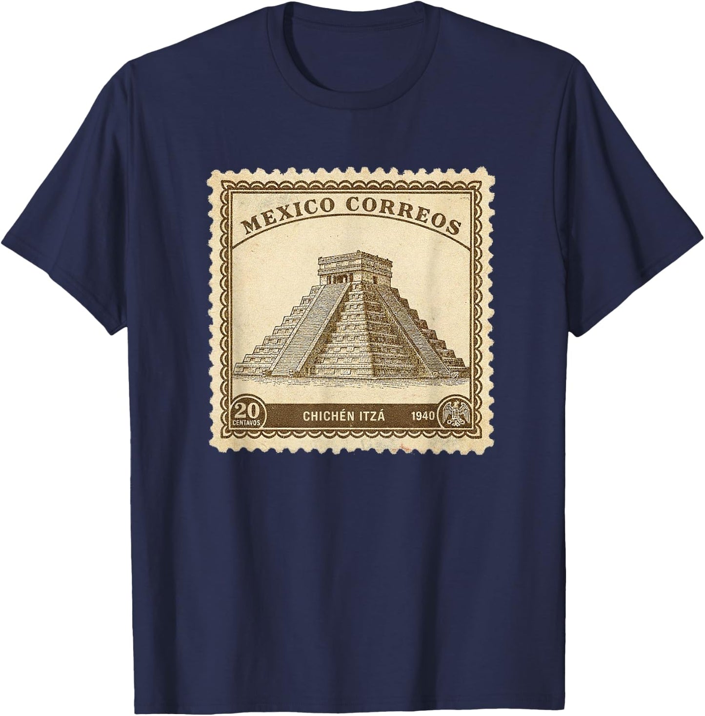 Chichen Itza Mexico 1940 Vintage Stamp Classic Mayan Pyramid T-Shirt - T-Shirt | Navy
