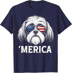 Patriotic Shih Tzu Dog 'Merica American Flag USA 4th of July T-Shirt - T-Shirt | Navy
