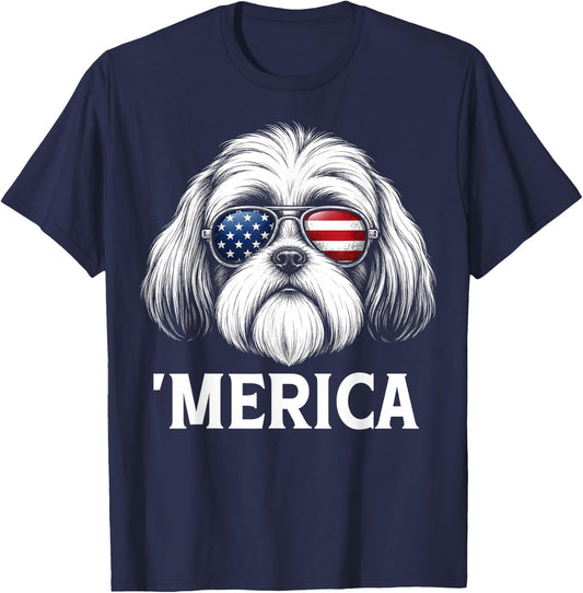 Patriotic Shih Tzu Dog 'Merica American Flag USA 4th of July T-Shirt - T-Shirt | Navy