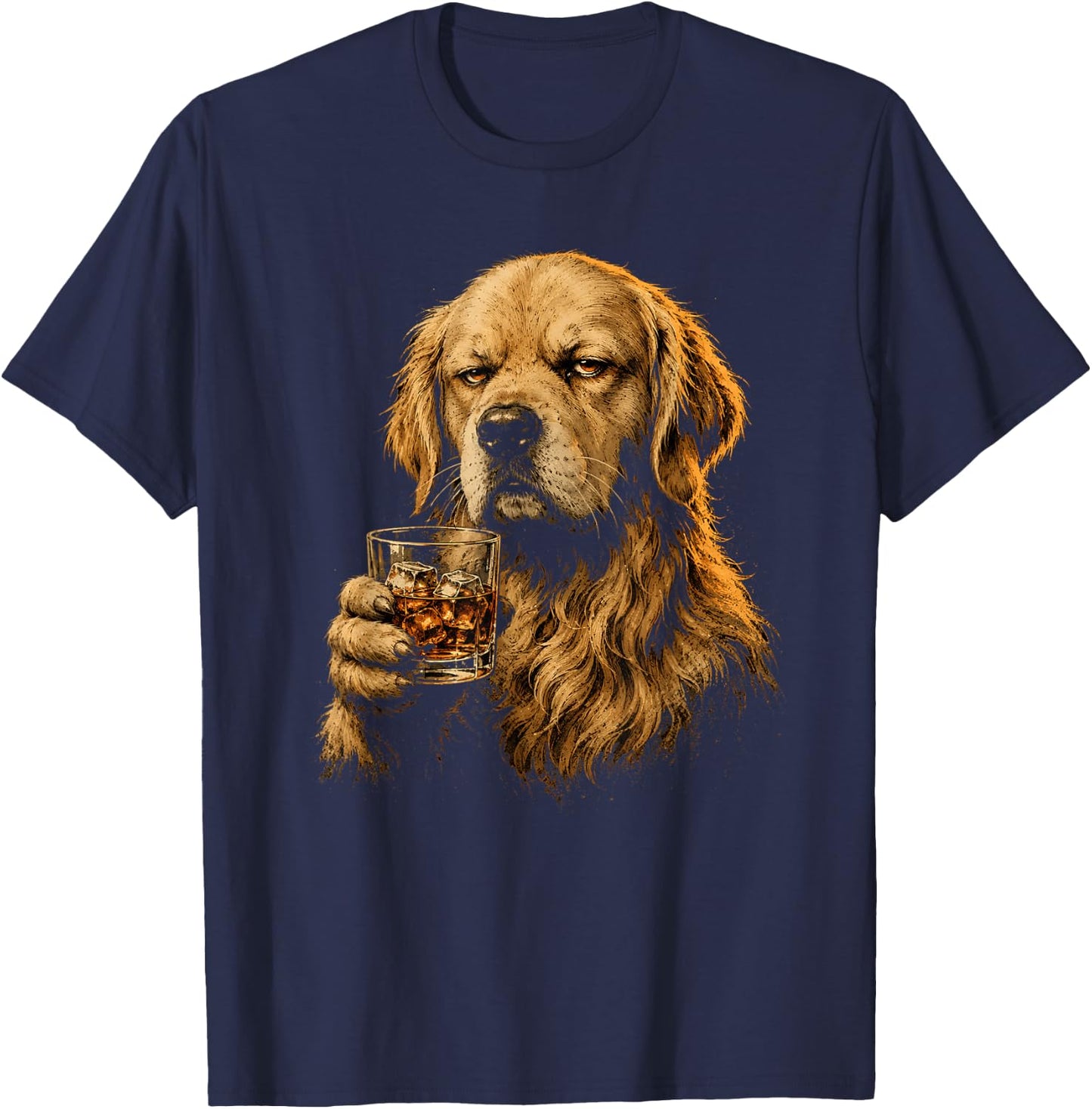 Vintage Dog Drinking Lovers Golden Retriever Whiskey Glass T-Shirt - T-Shirt | Navy