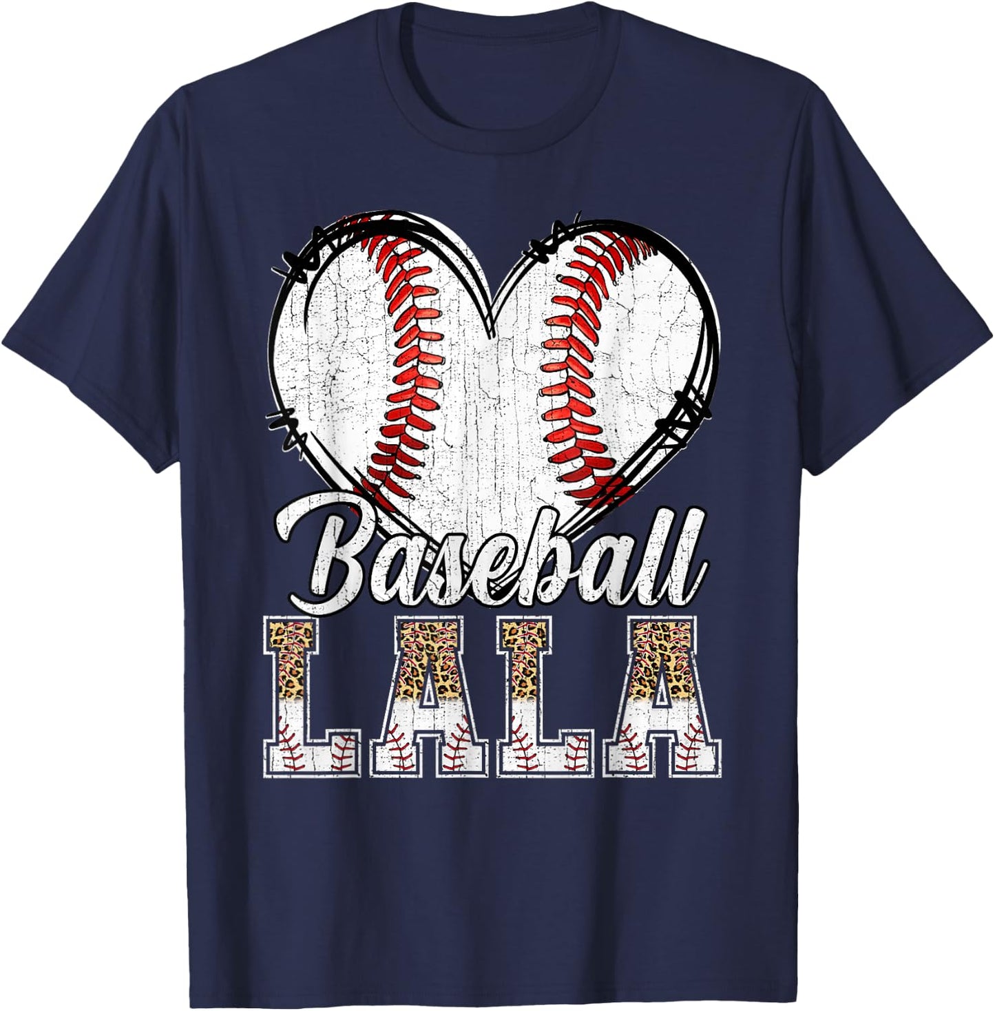 Softball Baseball Lala Heart Leopard Print Mother's Day T-Shirt - T-Shirt | Navy