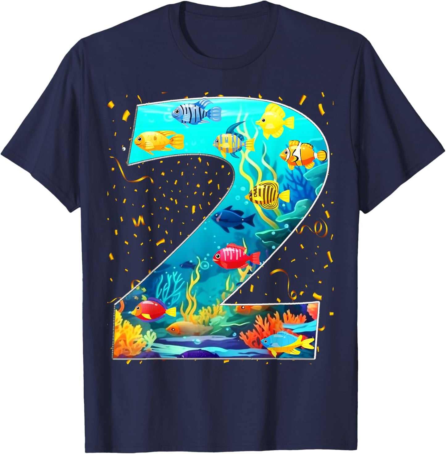 2nd Birthday Party 2 Year Old Sea Fish Aquarium Birthday Boy T-Shirt - T-Shirt | Navy
