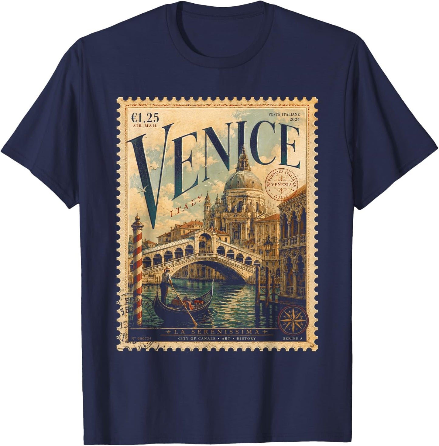 Vintage Venice Italy Travel Retro Postage Stamp Gondola T-Shirt - T-Shirt | Navy