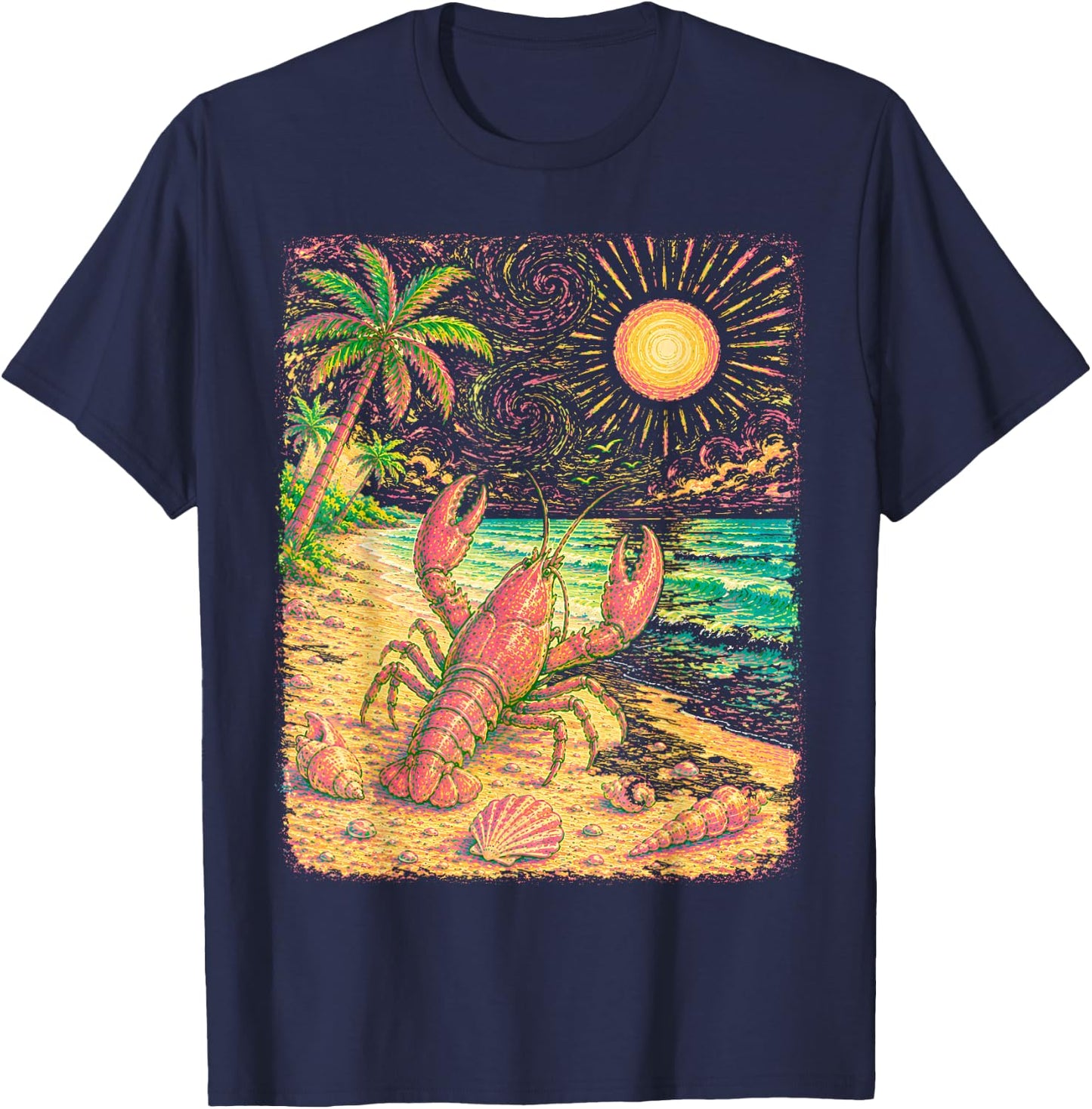 Lobster On The Beach Starry Night Van Gogh Summer Mode T-Shirt - T-Shirt | Navy