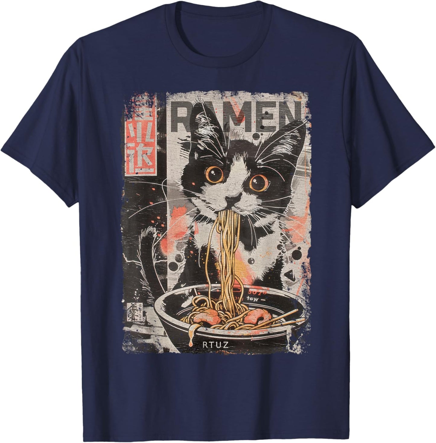 Cat Ramen Noodle Japanese Anime Manga Ramen Kawaii Cat , black T-Shirt - T-Shirt | Navy
