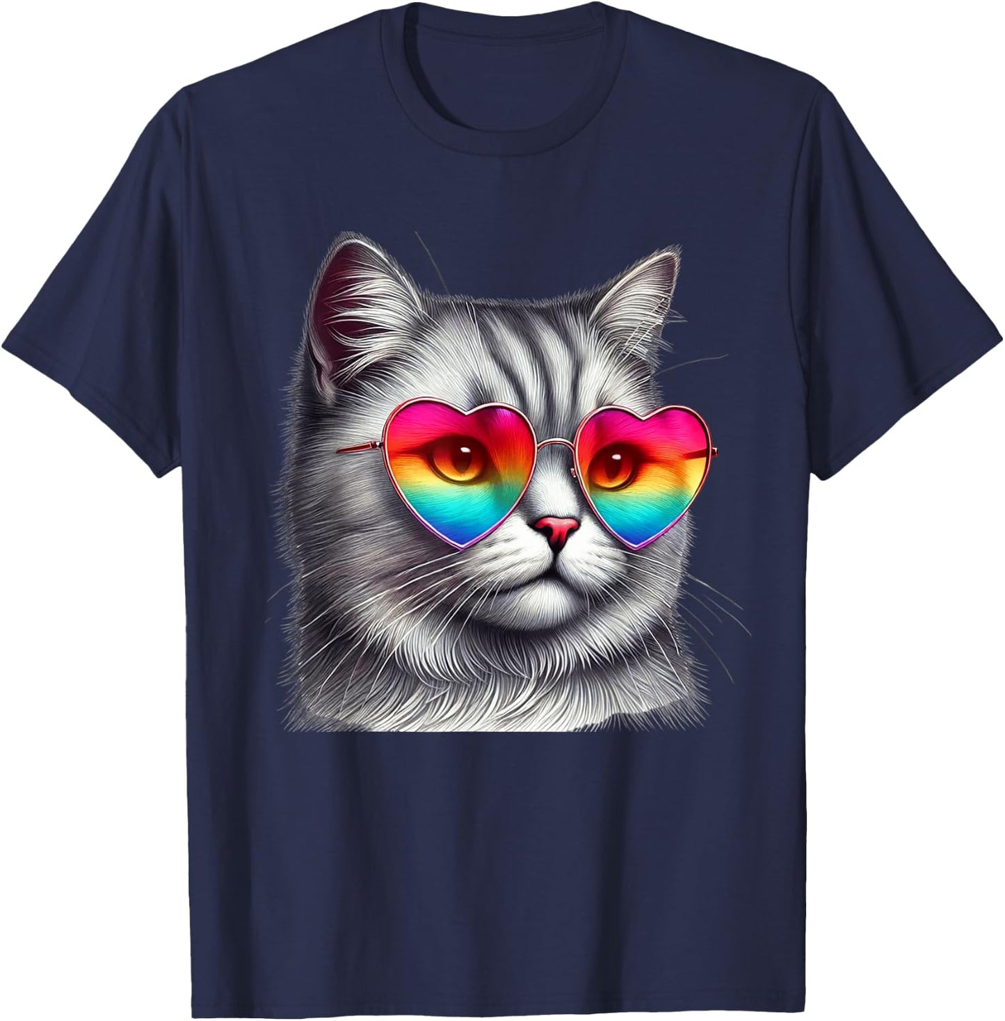 Cute Valentines Day Grey Cat Heart Sunglasses Women Men T-Shirt - T-Shirt | Navy