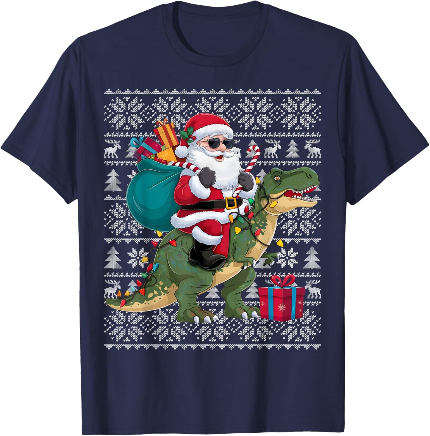 Ugly Xmas Sweater Style Santa Riding Dinosaur Christmas T-Shirt - T-Shirt | Navy