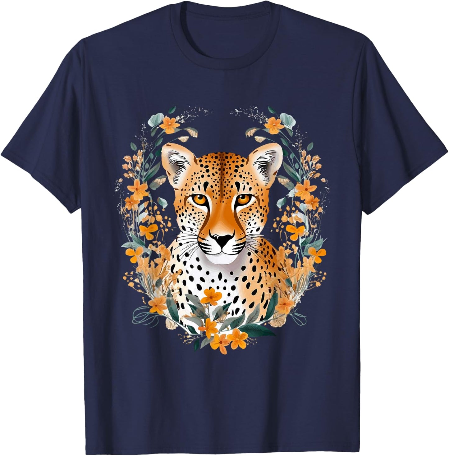 Cheetah Face Animal Print Big Cat Wildlife Flowers Design T-Shirt - T-Shirt | Navy