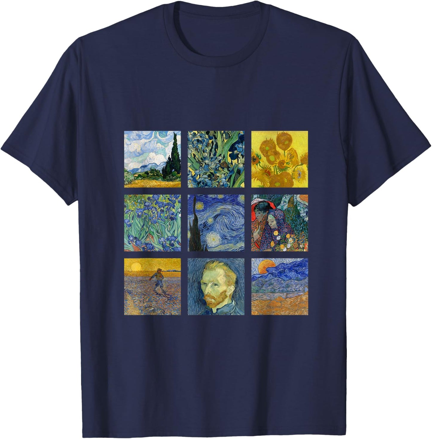 Vincent van Gogh | Famous Paintings Starry Night Sunflowers T-Shirt - T-Shirt | Navy