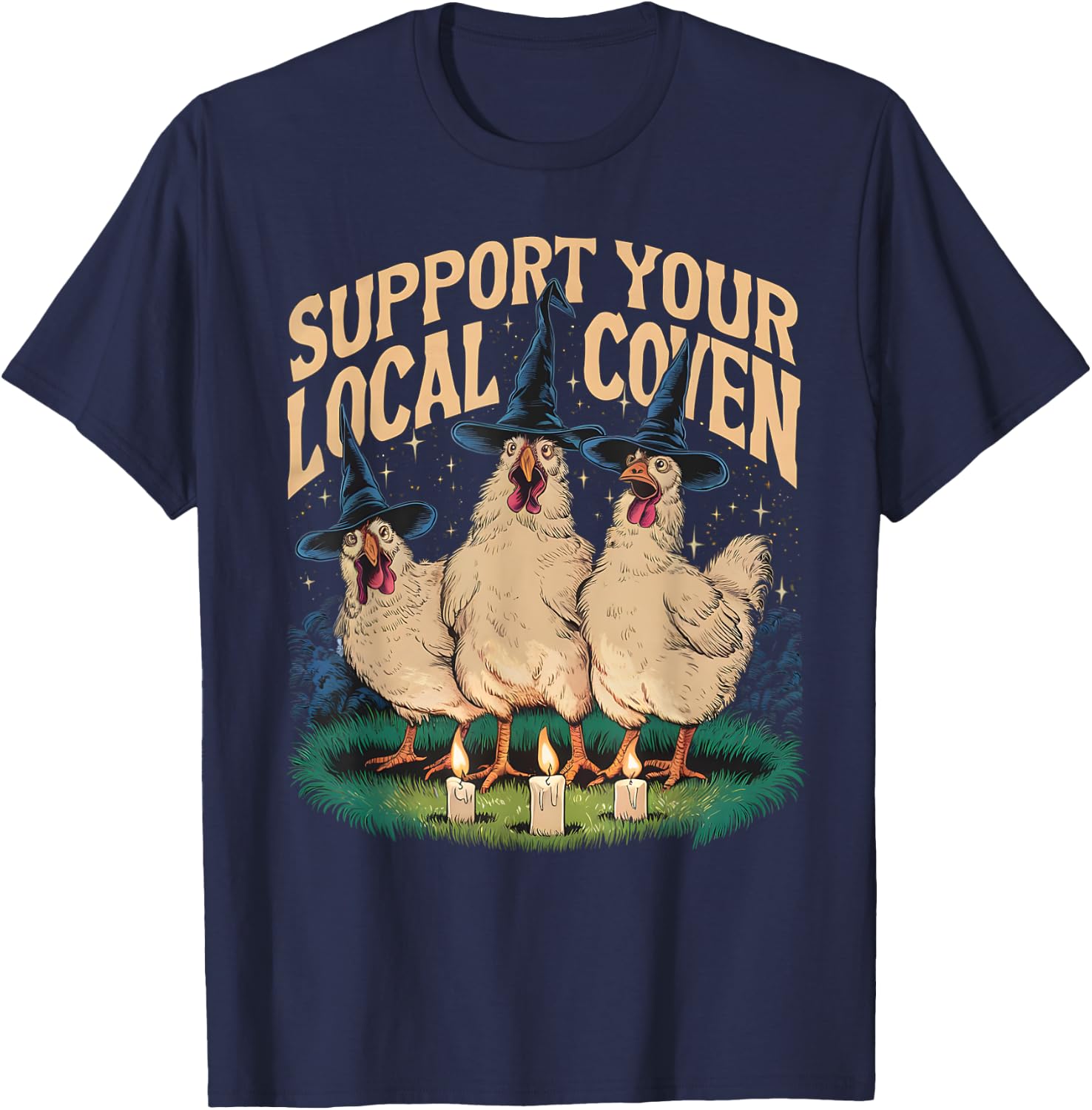 Support Your Local Coven Funny Farm Witch Chicken Halloween T-Shirt - T-Shirt | Navy