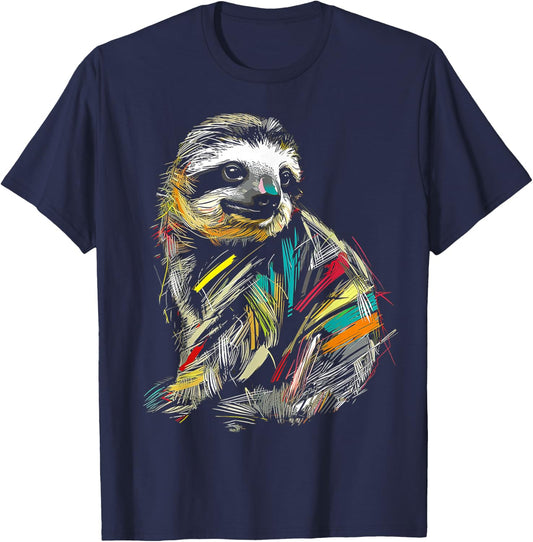 Sloth Colorful Drawing Animal Art Graphic Sloth T-Shirt - T-Shirt | Navy