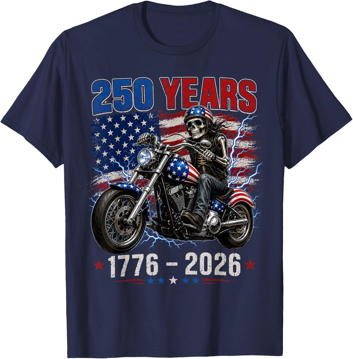 250 Anniversary USA 250th American Skull Motorcycle USA Flag T-Shirt - T-Shirt | Navy