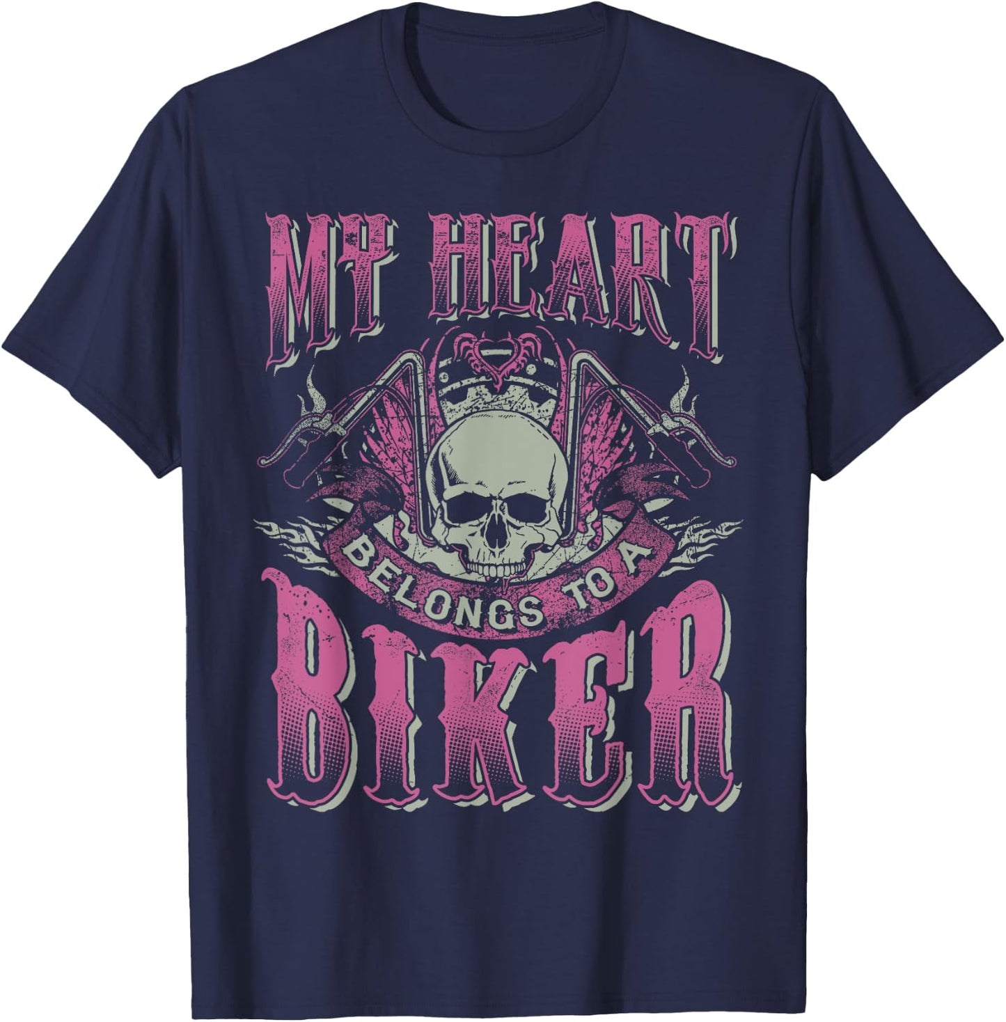 Motorcycle Babe Gift Wife Mom My Heart Belongs To A Biker T-Shirt - T-Shirt | Navy