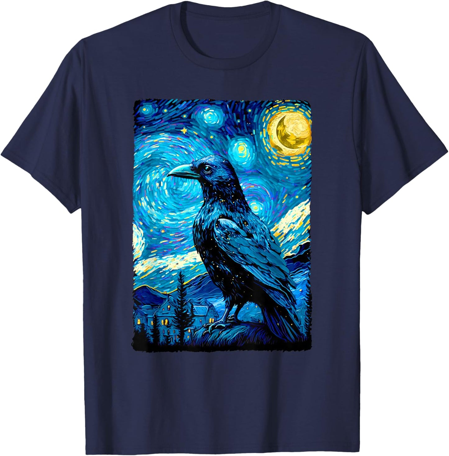 Crow Lover Raven Starry Night Style Painting, Van Gogh T-Shirt - T-Shirt | Navy