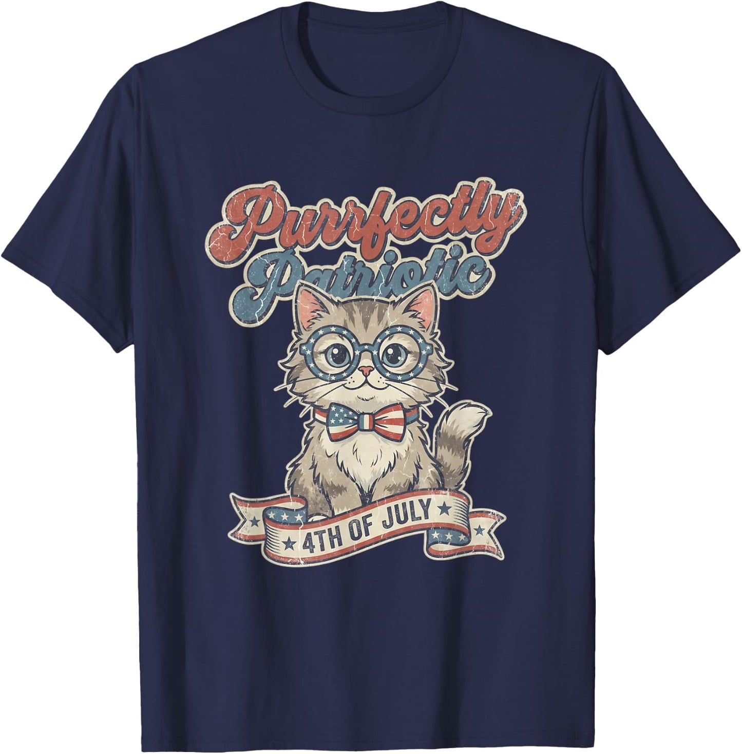 Purrfectly Patriotic Cat Vintage 4th of July T-Shirt - T-Shirt | Navy